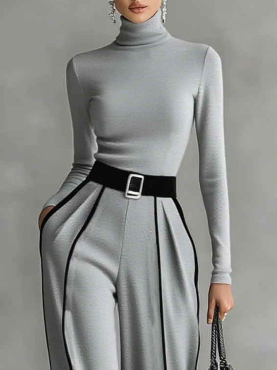 White Trim High-Neck Long Sleeve Top with Wide-Leg Pants and Belt Ensemble