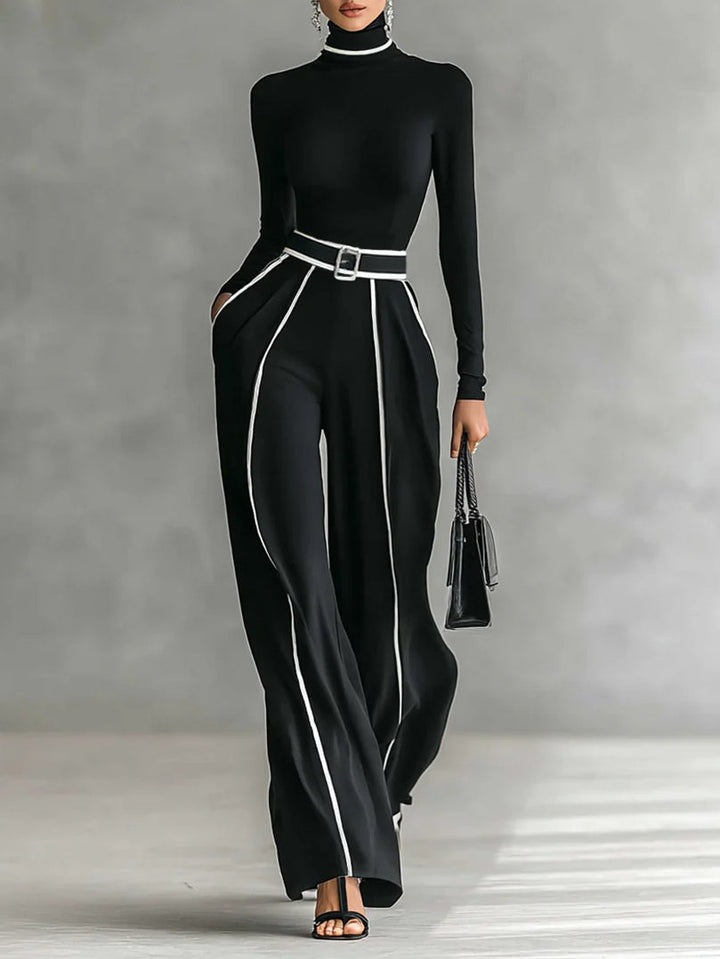 White Trim High-Neck Long Sleeve Top with Wide-Leg Pants and Belt Ensemble