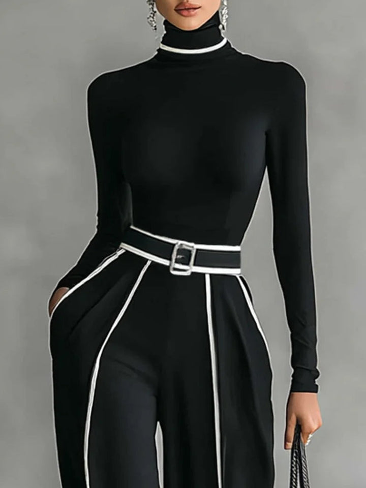 White Trim High-Neck Long Sleeve Top with Wide-Leg Pants and Belt Ensemble