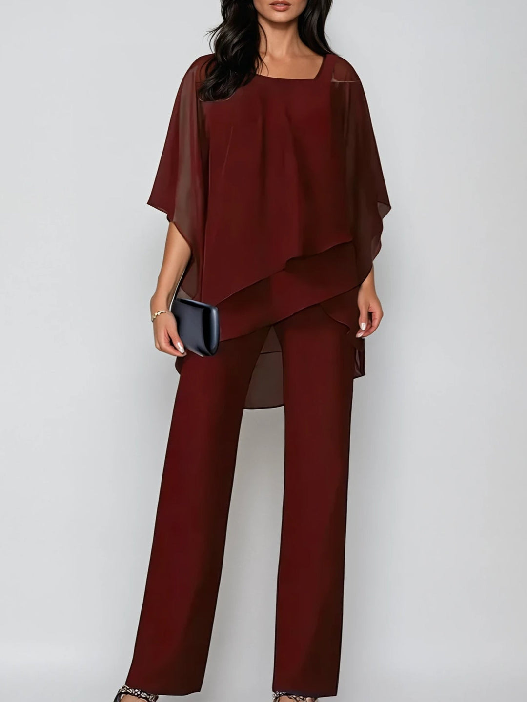 Asymmetrical Off-the-Shoulder Chiffon Set