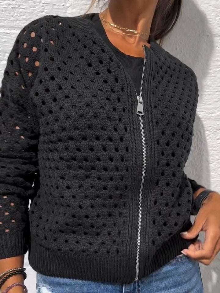 ז'קט קז'ואל עם רוכסן ועיצוב סריג פתוח