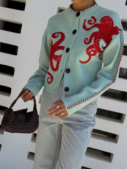 קרדיגן סרוג עם הדפס תמנון שובב