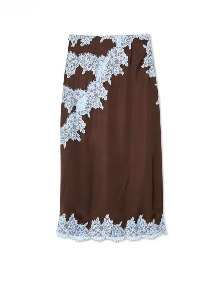 Chic Brown and Blue Lace Panel Top and Skirt Ensemble
