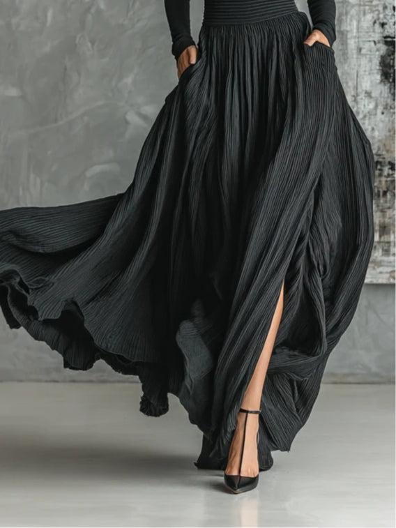 Chic All-Black Turtleneck Tee and Pleated Skirt Ensemble