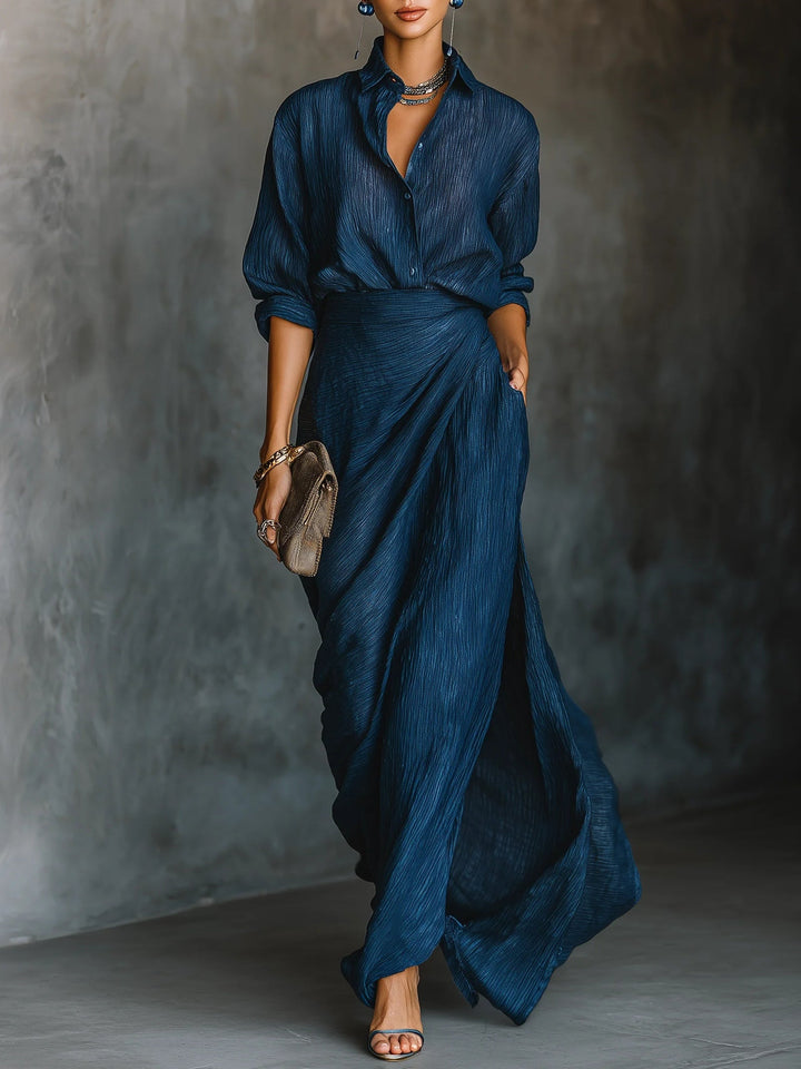 Chic Dark Blue Cotton-Linen Blend Shirt and Long Skirt Ensemble