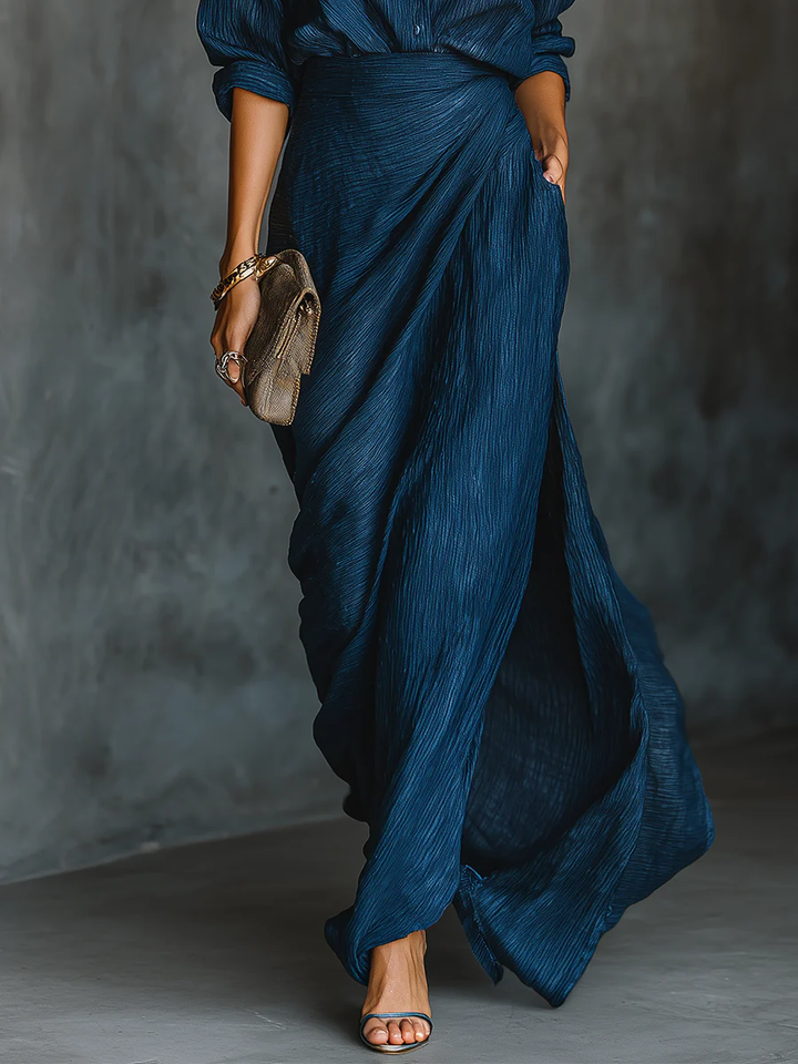Chic Dark Blue Cotton-Linen Blend Shirt and Long Skirt Ensemble