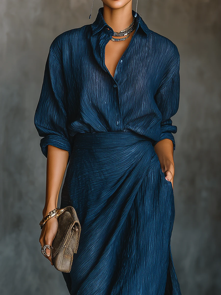 Chic Dark Blue Cotton-Linen Blend Shirt and Long Skirt Ensemble