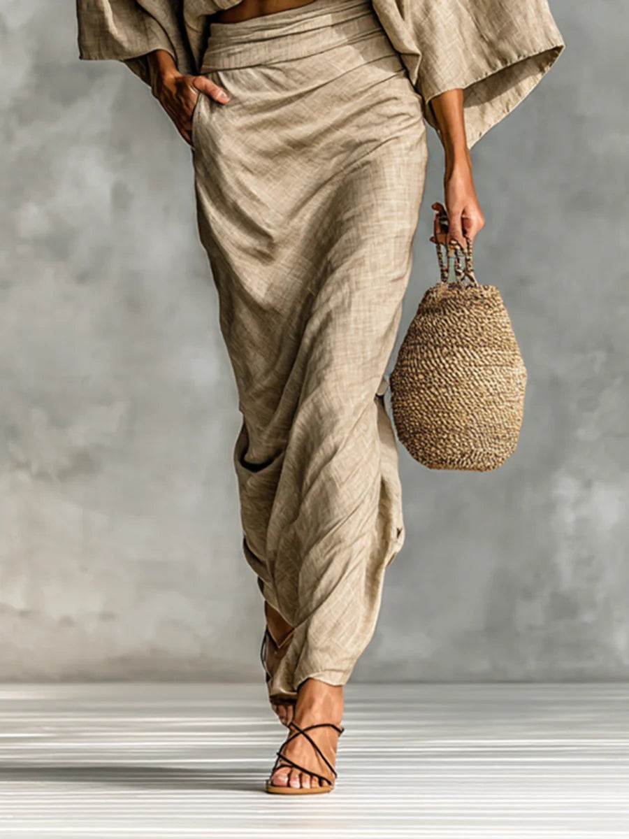 Two-Piece Set: Bat Sleeve Long Skirt in Cotton-Linen Blend