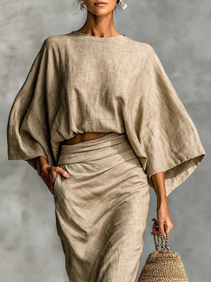 Two-Piece Set: Bat Sleeve Long Skirt in Cotton-Linen Blend