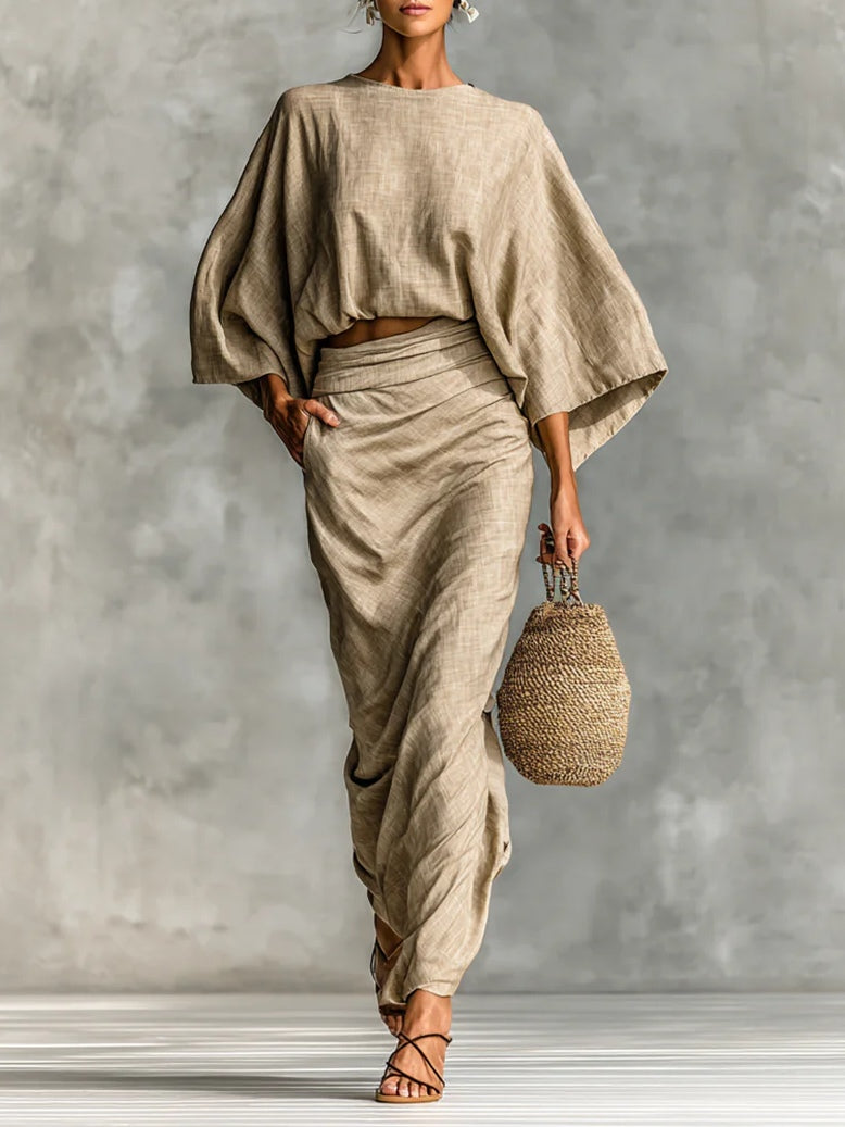 Two-Piece Set: Bat Sleeve Long Skirt in Cotton-Linen Blend