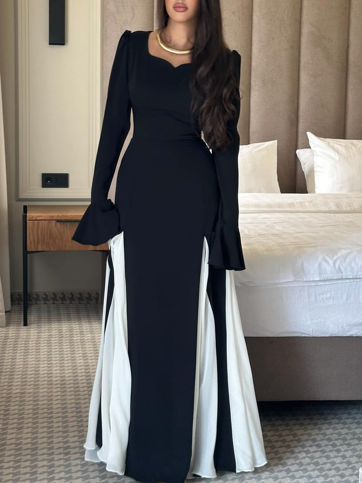 Monochrome Flared Maxi Dress with Long Sleeves