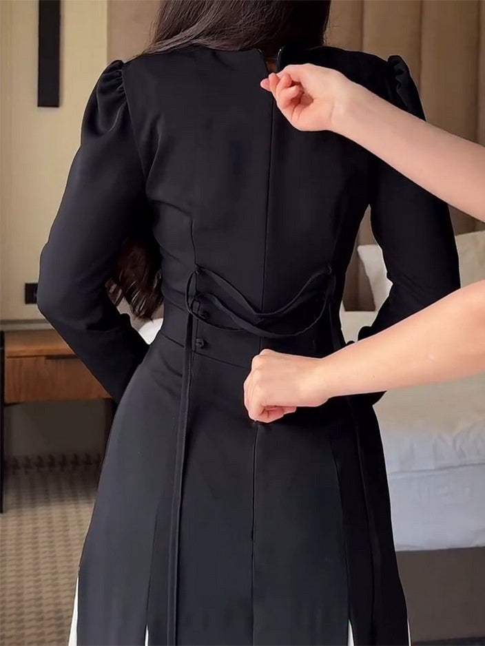 Monochrome Flared Maxi Dress with Long Sleeves