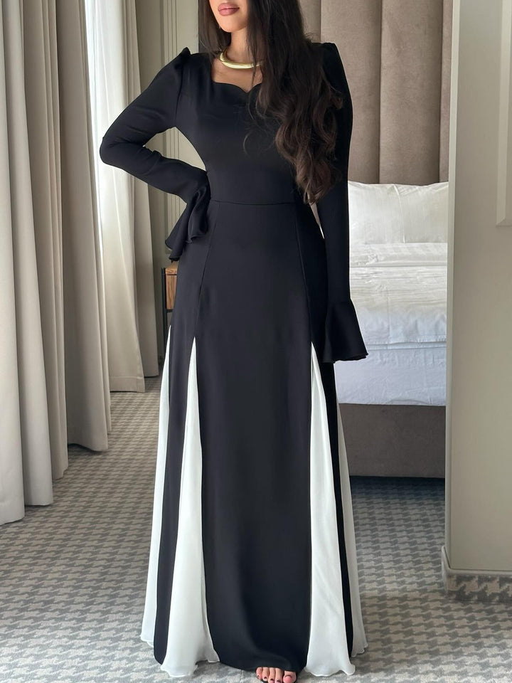 Monochrome Flared Maxi Dress with Long Sleeves