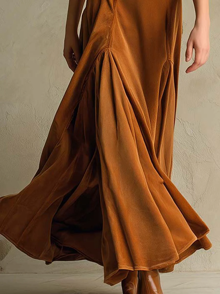 Elegant Brown Velvet Long Dress with Retro Suit Collar