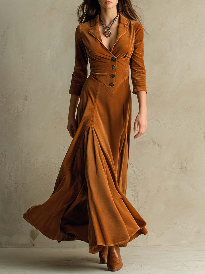 Elegant Brown Velvet Long Dress with Retro Suit Collar