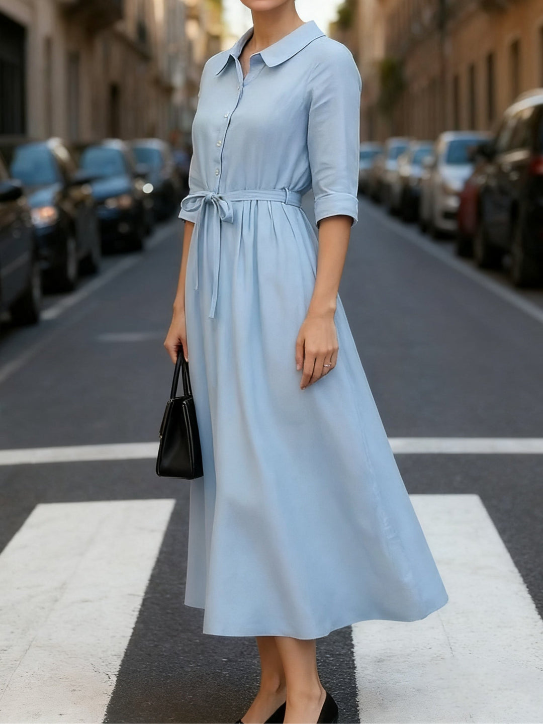 Casual Blue Midi Dress with Lapel Tie