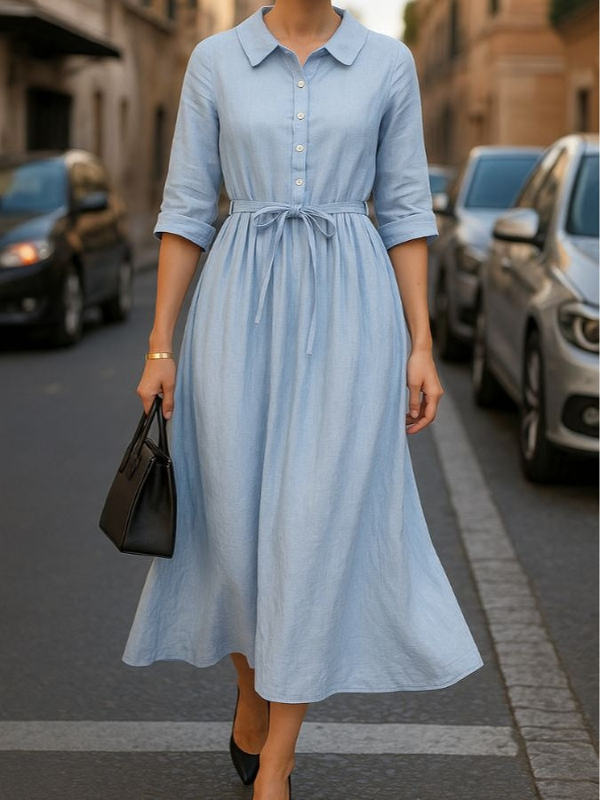 Casual Blue Midi Dress with Lapel Tie