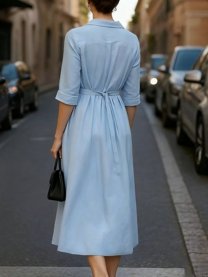 Casual Blue Midi Dress with Lapel Tie