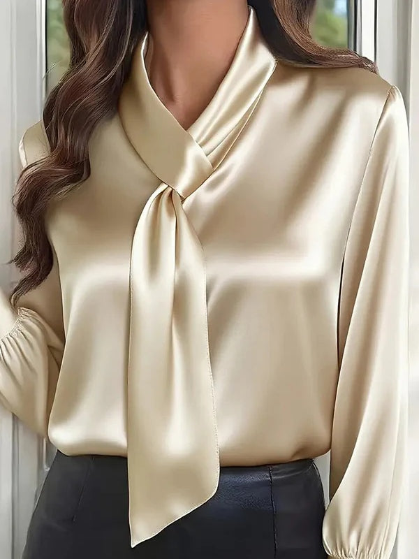 Casual Long-Sleeve Shirt with Solid Color and Bow Tie