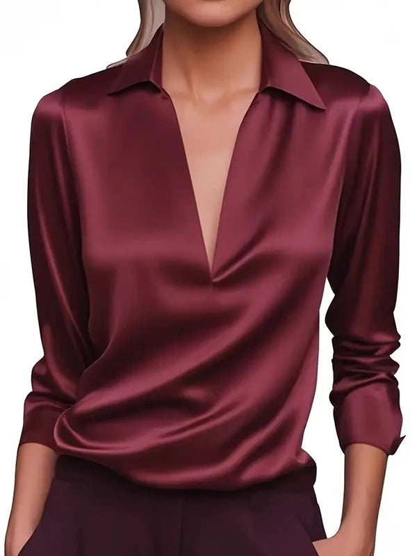 Solid Satin V-Neck Long Sleeve Casual Top