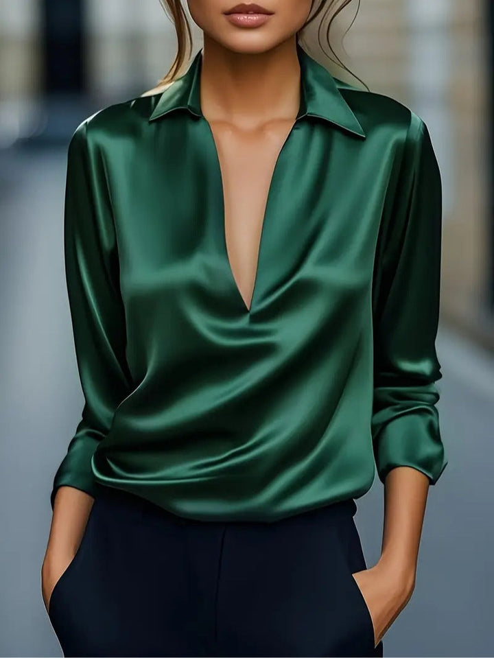 Solid Satin V-Neck Long Sleeve Casual Top