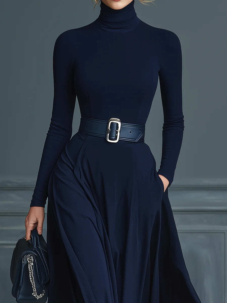 High-Neck Knitted Dress in Dark Blue