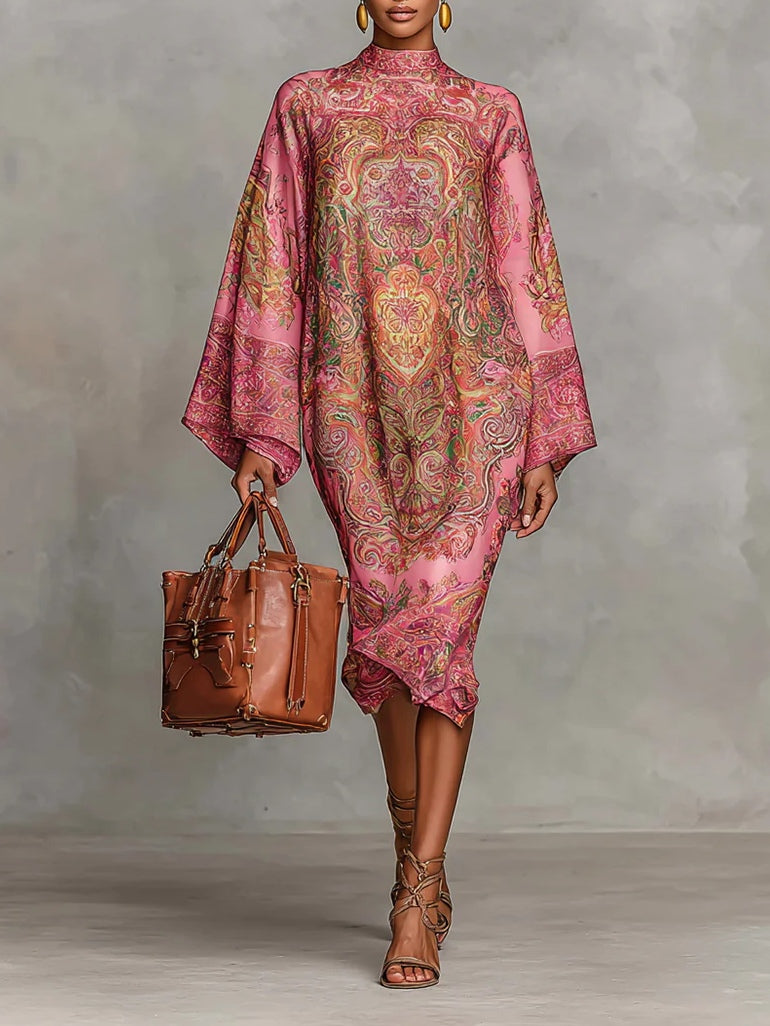 Loose Midi Dress with Long Sleeves in Pink Paisley Print