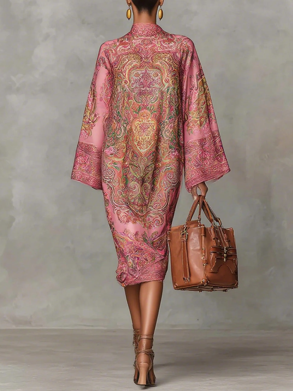 Loose Midi Dress with Long Sleeves in Pink Paisley Print