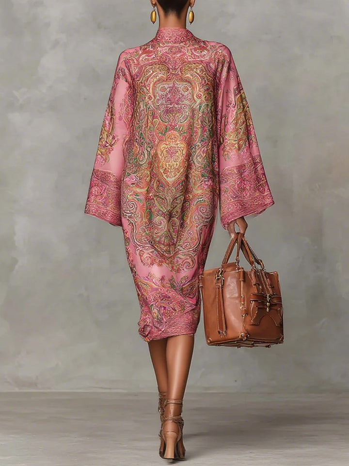 Loose Midi Dress with Long Sleeves in Pink Paisley Print