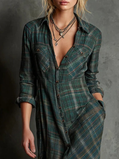 Long Green Plaid Single-Breasted Lapel Dress