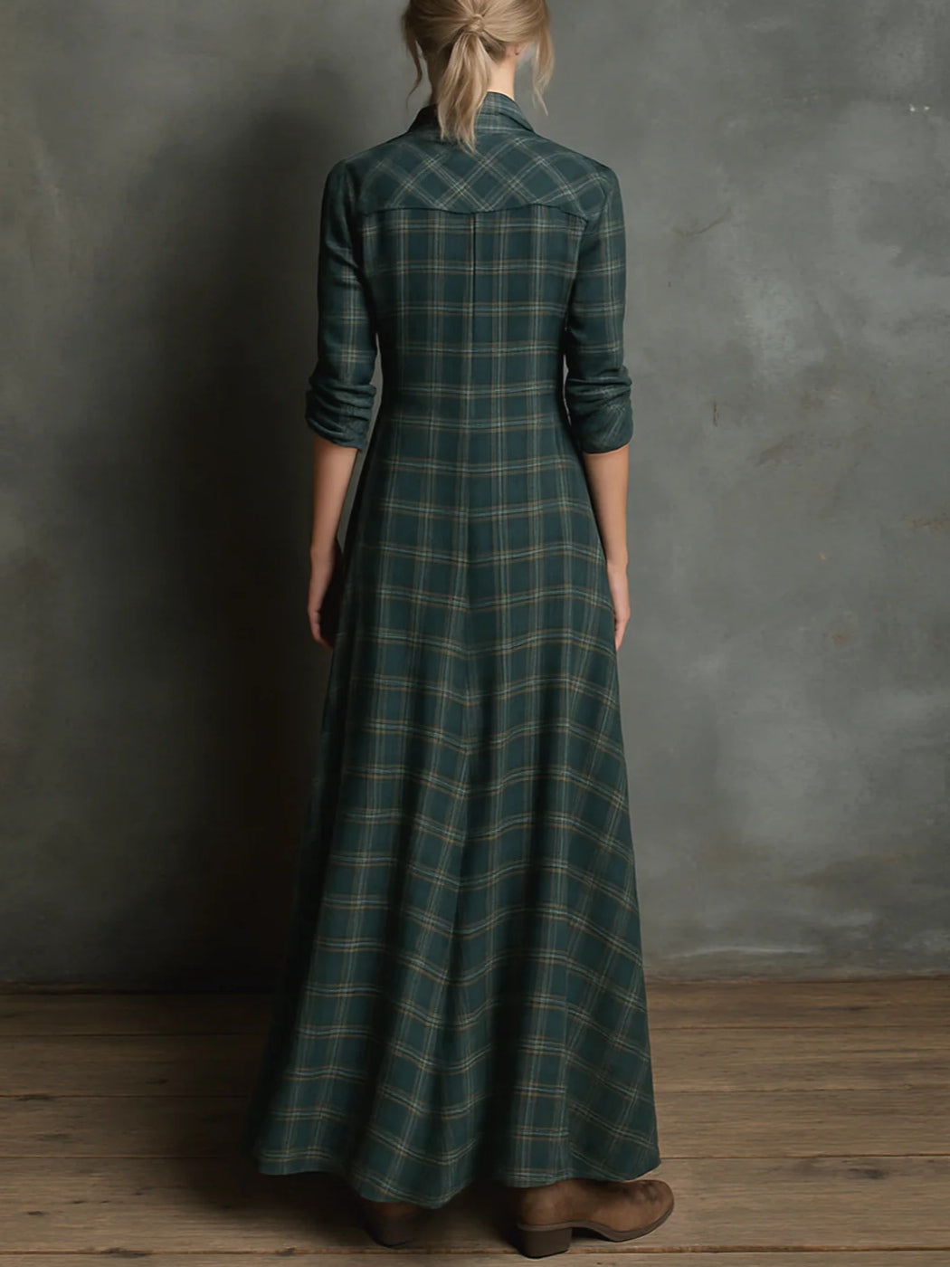 Long Green Plaid Single-Breasted Lapel Dress