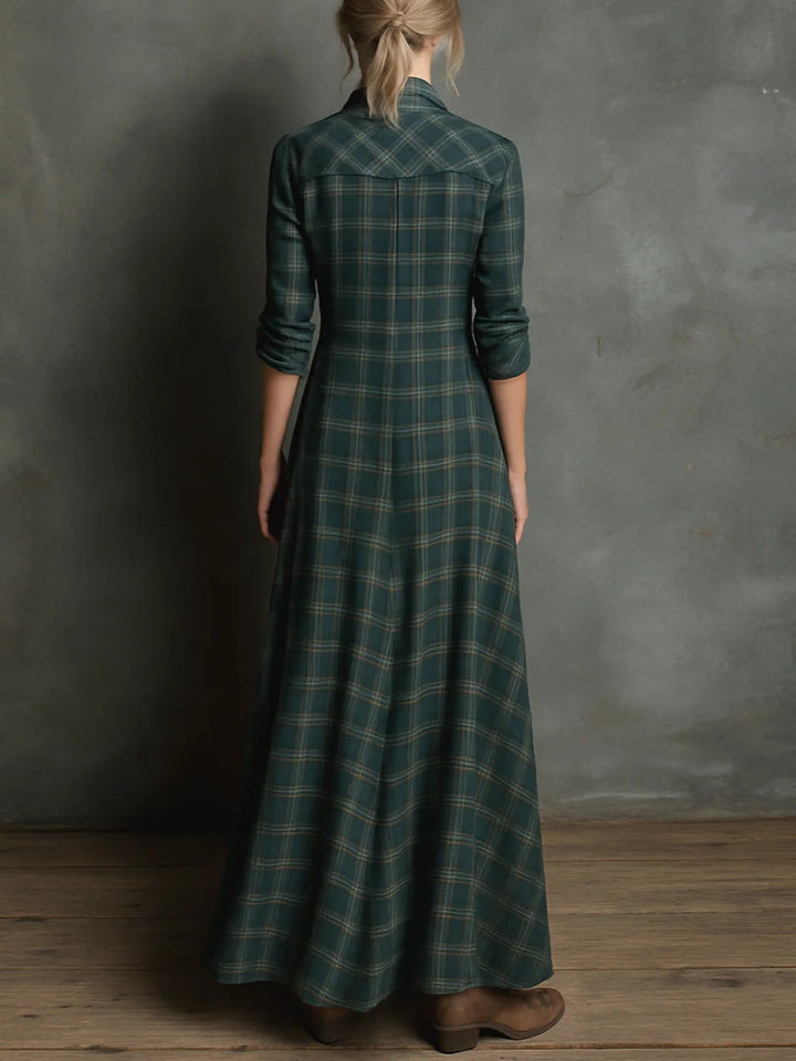 Long Green Plaid Single-Breasted Lapel Dress