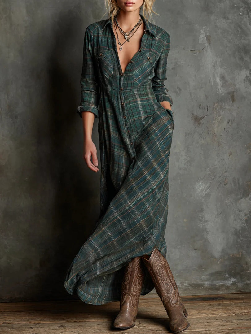 Long Green Plaid Single-Breasted Lapel Dress