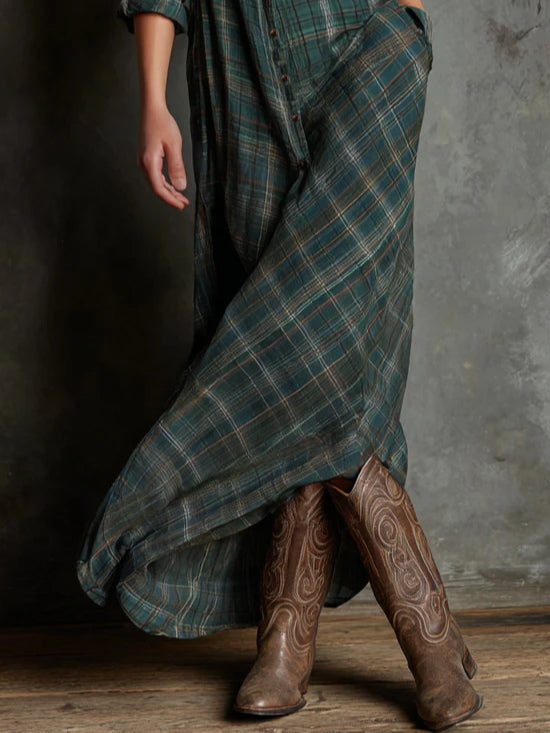 Long Green Plaid Single-Breasted Lapel Dress