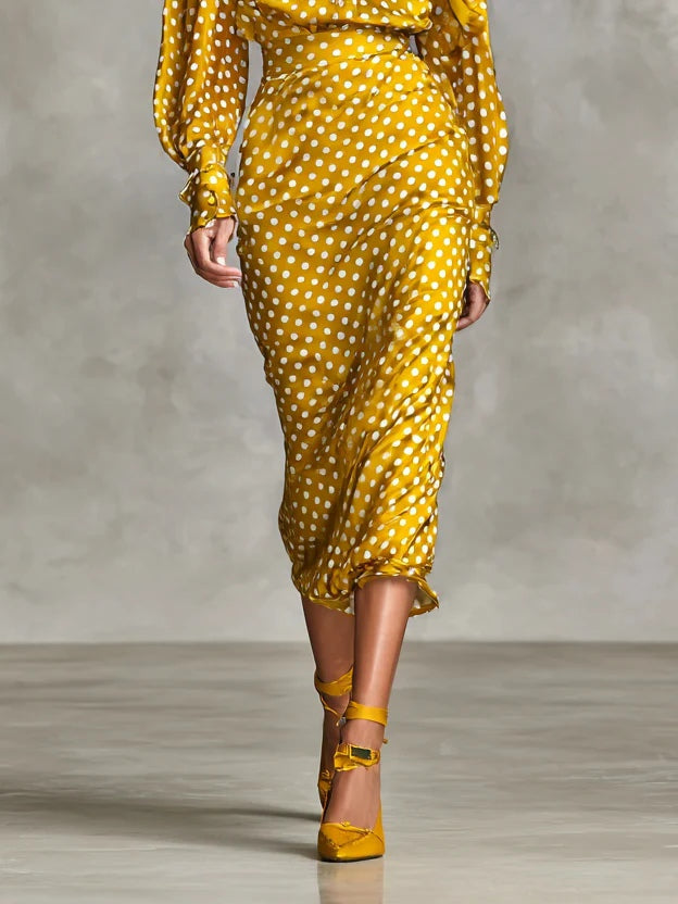 Retro Satin Polka Dot Print Two-Piece Shirt and Skirt Set