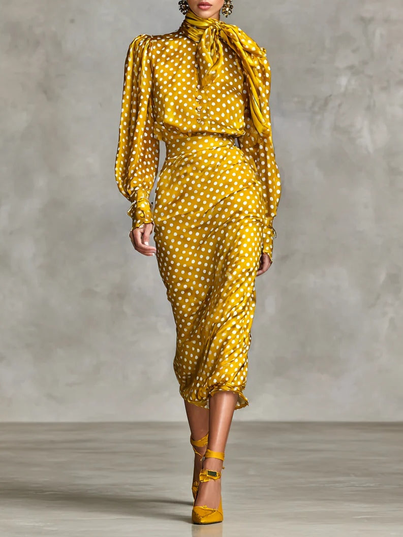 Retro Satin Polka Dot Print Two-Piece Shirt and Skirt Set