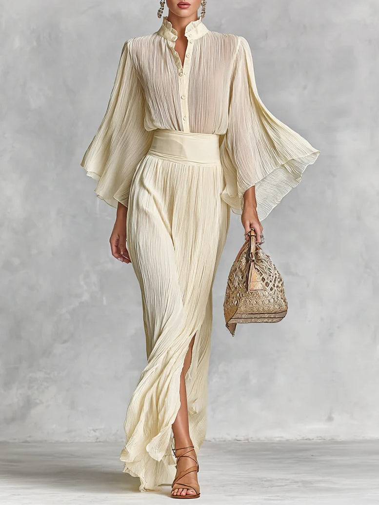 Two-Piece Set: Pleated Stand Collar Shirt with Trumpet Sleeves and Slit Floor-Length Skirt