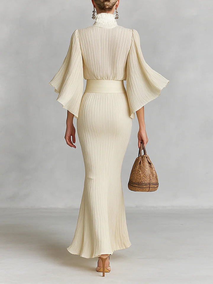 Two-Piece Set: Pleated Stand Collar Shirt with Trumpet Sleeves and Slit Floor-Length Skirt