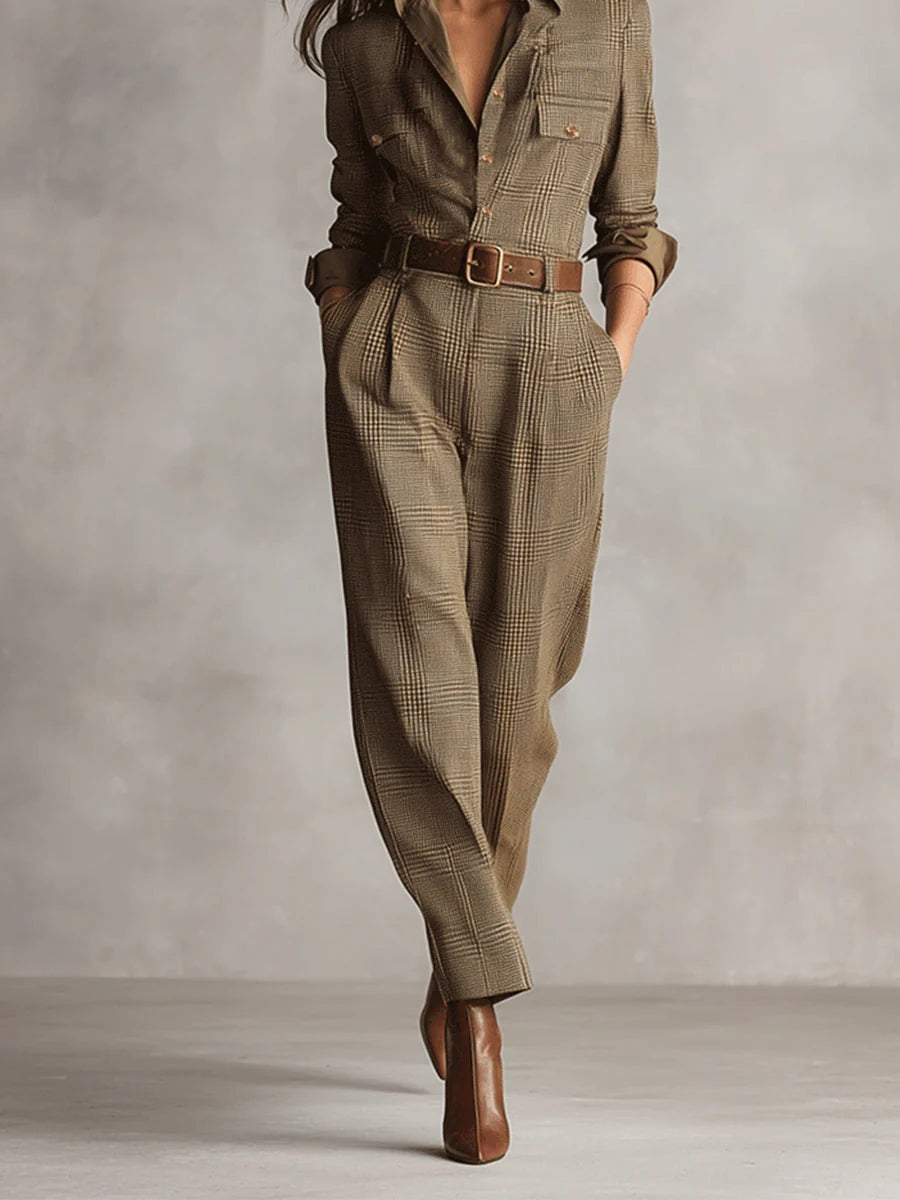 Elegant Brown Tweed Plaid Utility Jumpsuit