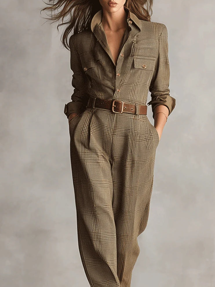 Elegant Brown Tweed Plaid Utility Jumpsuit