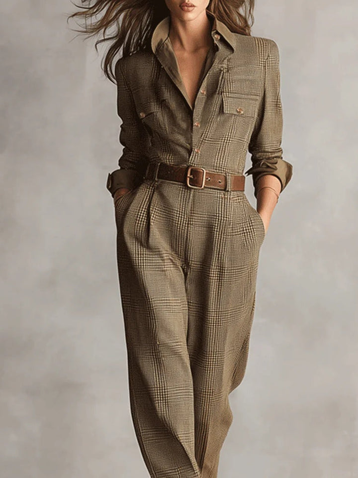Elegant Brown Tweed Plaid Utility Jumpsuit