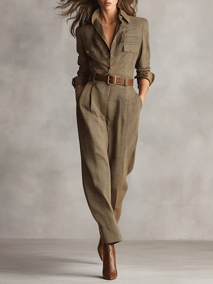 Elegant Brown Tweed Plaid Utility Jumpsuit