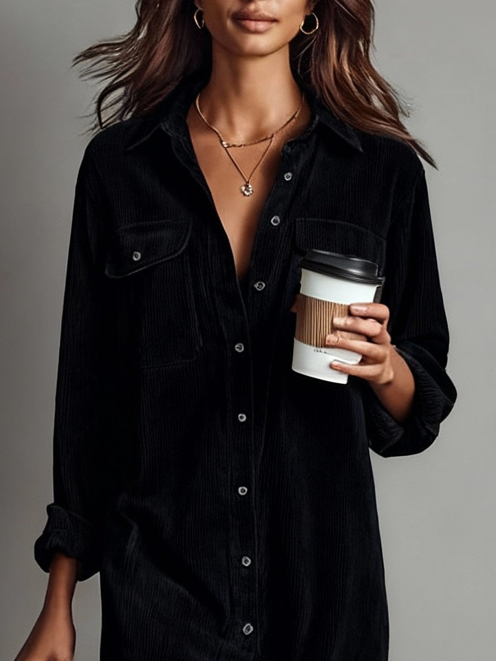 Black Oversized Corduroy Midi Dress with Double Chest Pockets and Single-Breasted Design