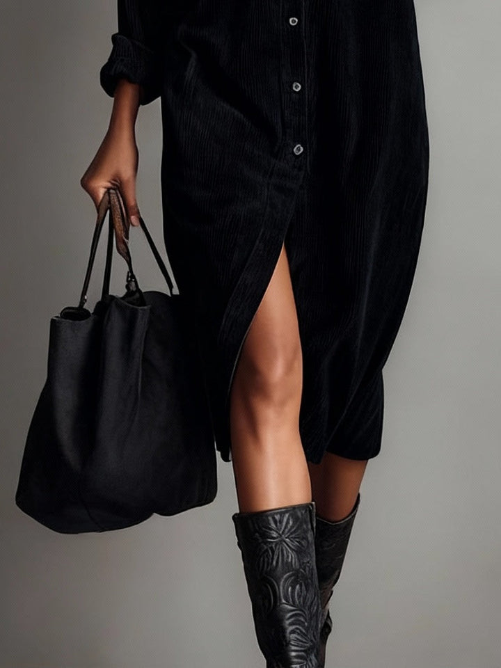 Black Oversized Corduroy Midi Dress with Double Chest Pockets and Single-Breasted Design