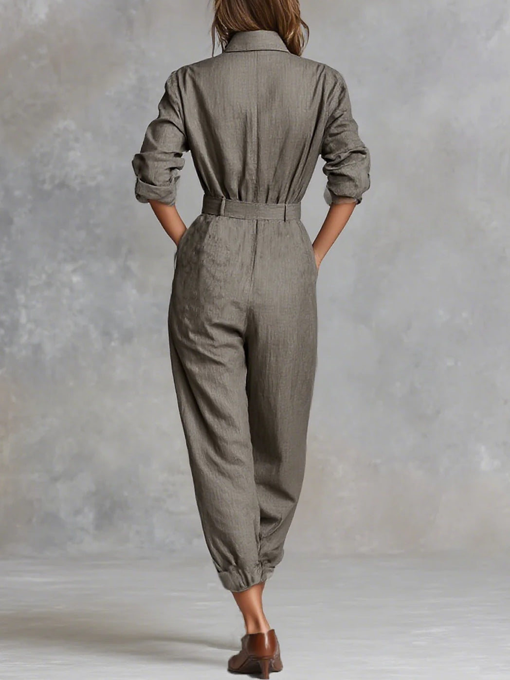 Long Sleeve Jumpsuit Made from Cotton and Linen Blend