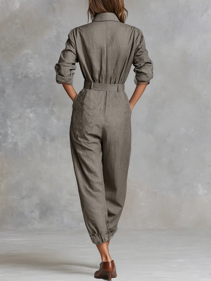 Long Sleeve Jumpsuit Made from Cotton and Linen Blend