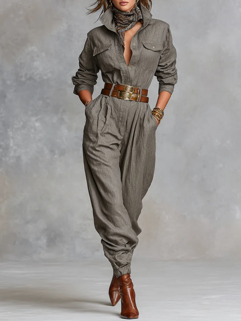 Long Sleeve Jumpsuit Made from Cotton and Linen Blend