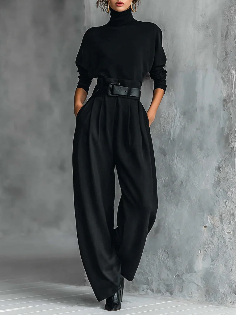 Black Turtleneck Long Sleeve Top and Straight-Leg Pants Set with Belt