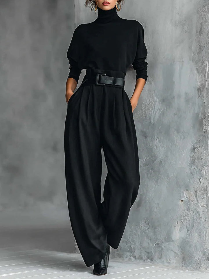Black Turtleneck Long Sleeve Top and Straight-Leg Pants Set with Belt