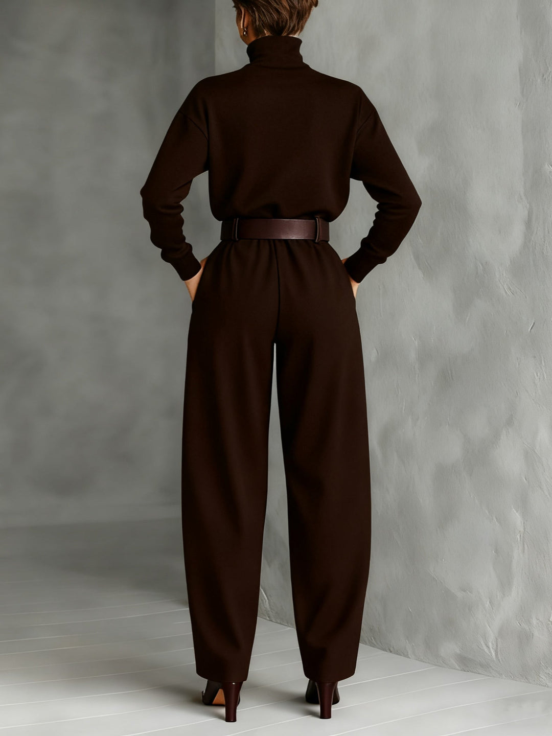 Black Turtleneck Long Sleeve Top and Straight-Leg Pants Set with Belt